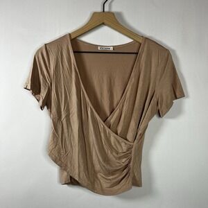 Vetior Top Women Sz Large Tan Beige V-Neck Wrap Front Short Sleeve Blouse Modal